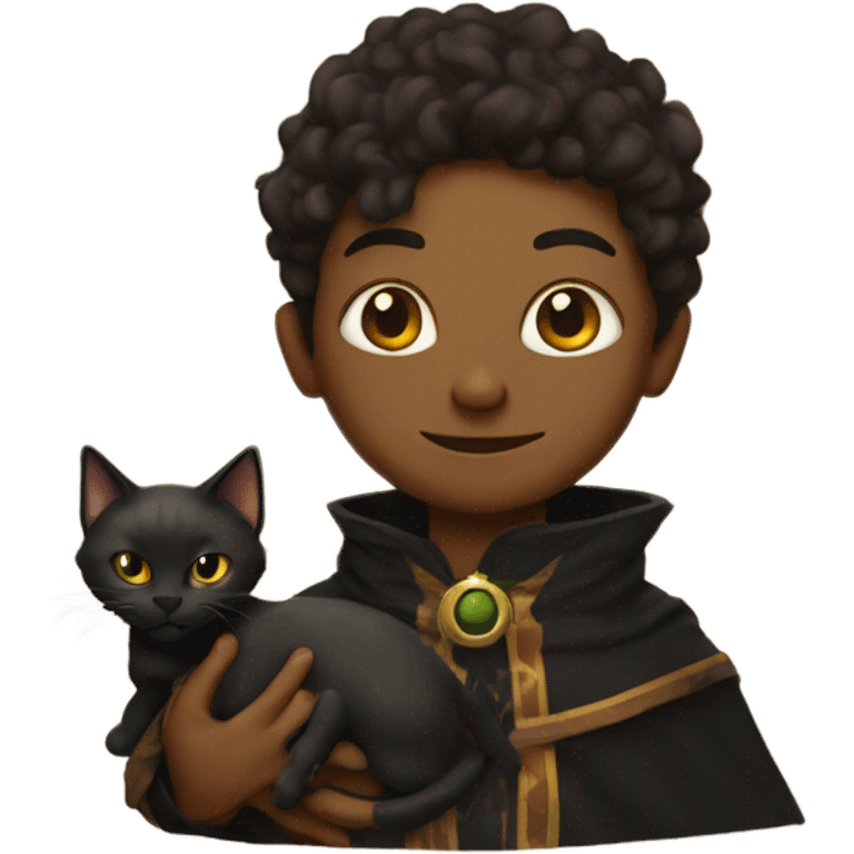 A sun warlock who has tan skin and is holding a black kitten emoji