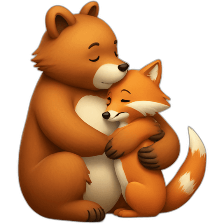 Big bear hugs a small fox very tightly emoji