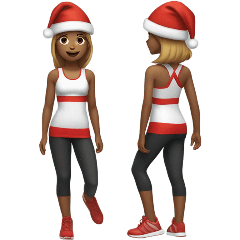 Emoji of full-body sporty girl в top and leggings wearing a red Christmas hat. emoji