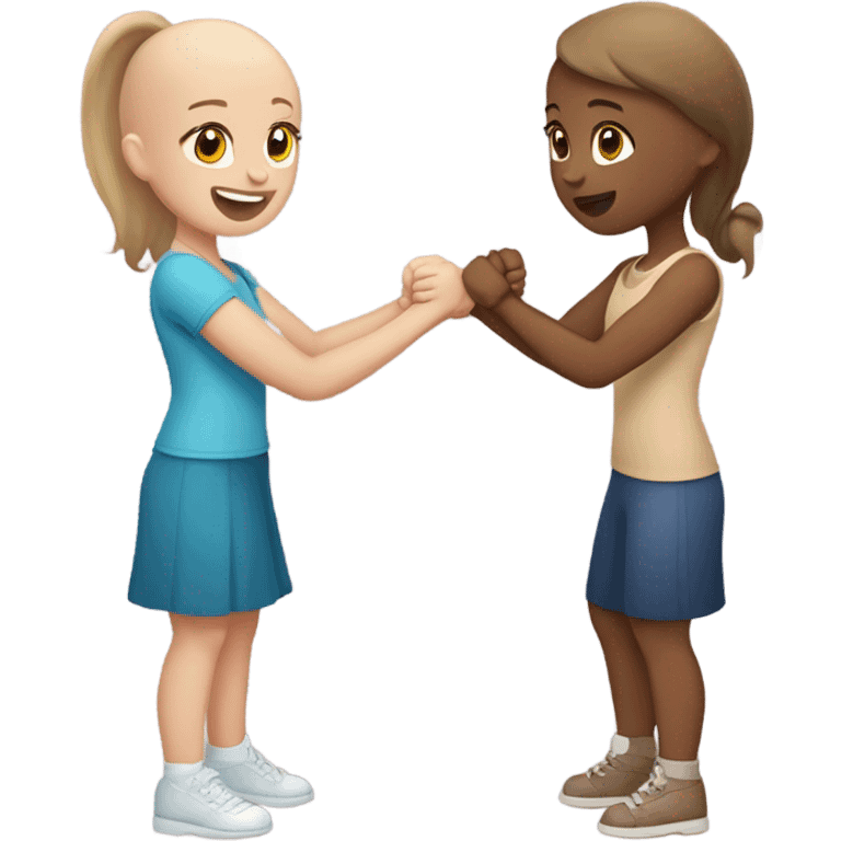 Two girls hand wrestling one with light skin and brown hair and me with medium brown skin and bald emoji