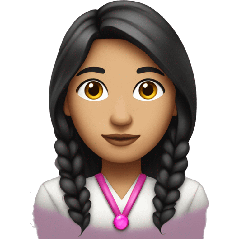  young beautiful Native American female idol scientist with feather earrings & long black hair with pink accents emoji