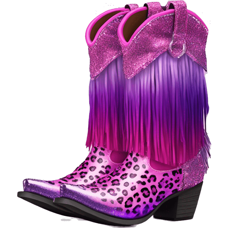 Realistic hot pink to purple ombre leopard print pair of fashion cowgirl boots with sparkly shiny glitter fringe on them. emoji