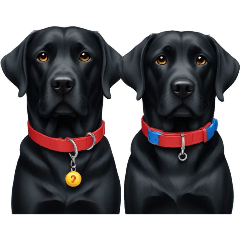 2 black labradors, 1 red collar, 1 blue collar. emoji