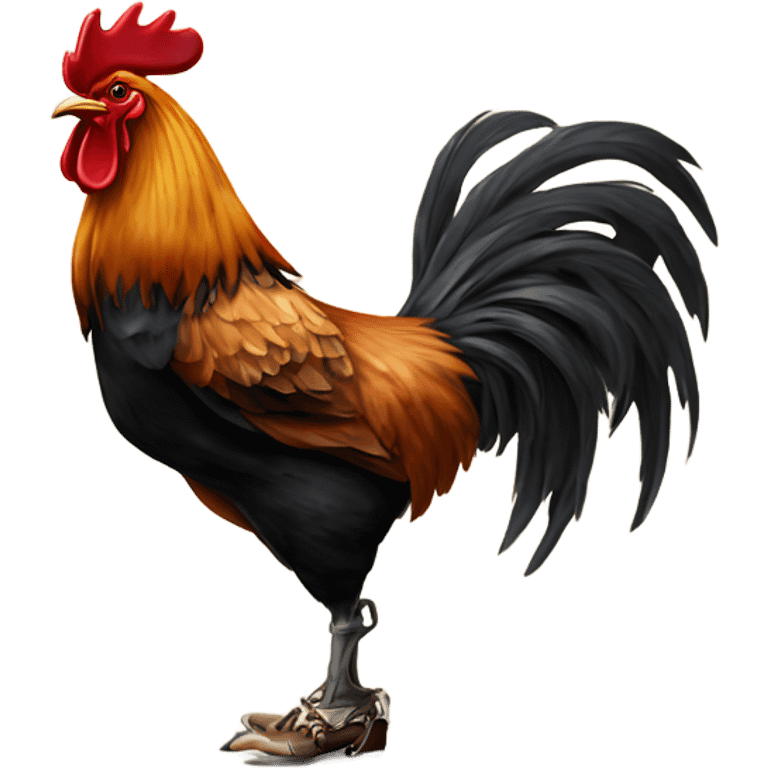 A rooster with cowboys boots on smoking a cigarette carrying a bottle of whiskey emoji