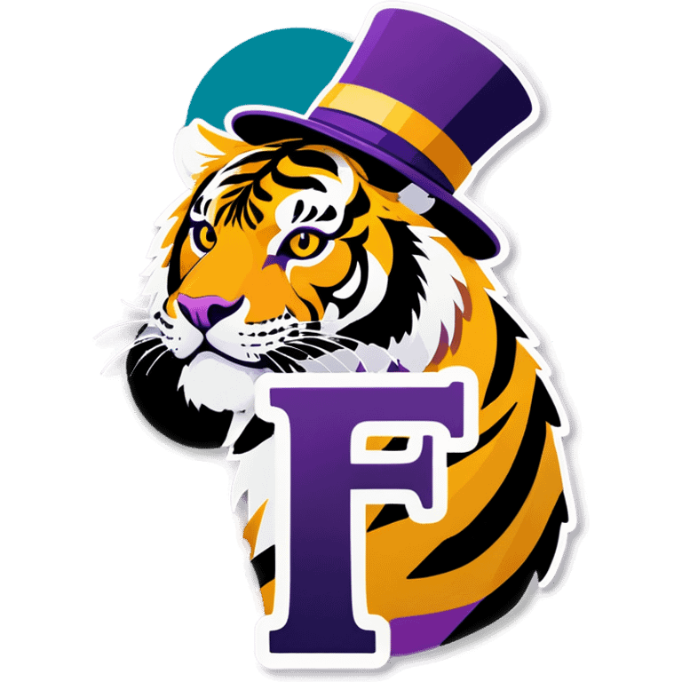 Purple and gold tiger with hat on with letter F  emoji