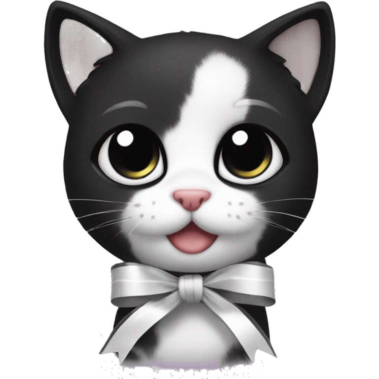 black kitten with black eyes and white ribbons, cute emoji