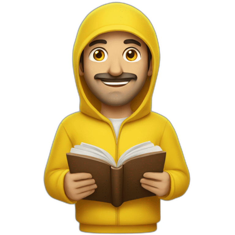 Armenian men with the yellow clothes reading book and looking at camera and smiling  emoji