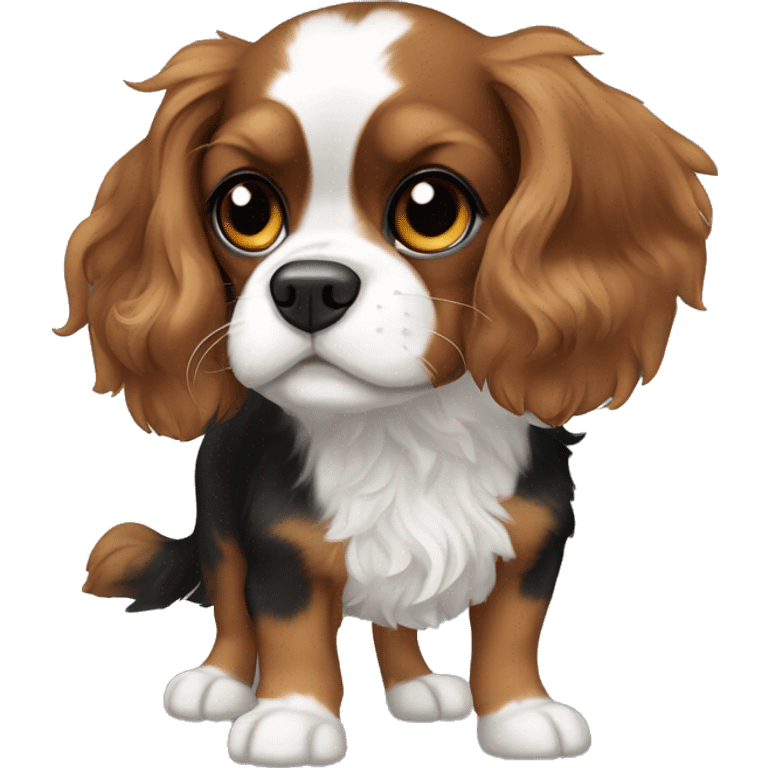 A small Cavalier King Charles Spaniel mix with black, wavy fur, white markings on the chest and muzzle, expressive eyes, and a fluffy tail. emoji