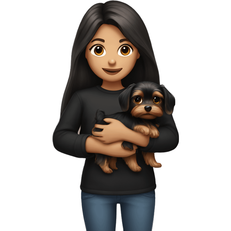 A brunette girl with long hair in a black long sleeve holds a Yorkshire terrier puppy in her arms emoji