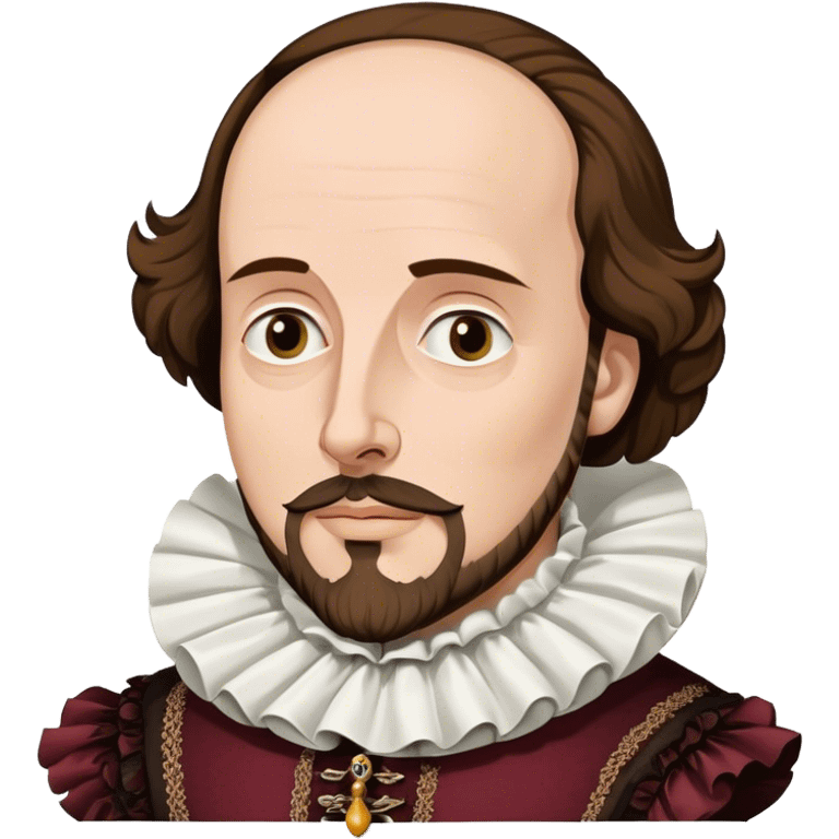 Cinematic Realistic portrait of William Shakespeare, depicted as an iconic playwright in richly detailed Elizabethan attire with a ruffled collar, expressive eyes, and a thoughtful gaze, bathed in dramatic historical lighting that evokes the Bard’s timeless legacy emoji