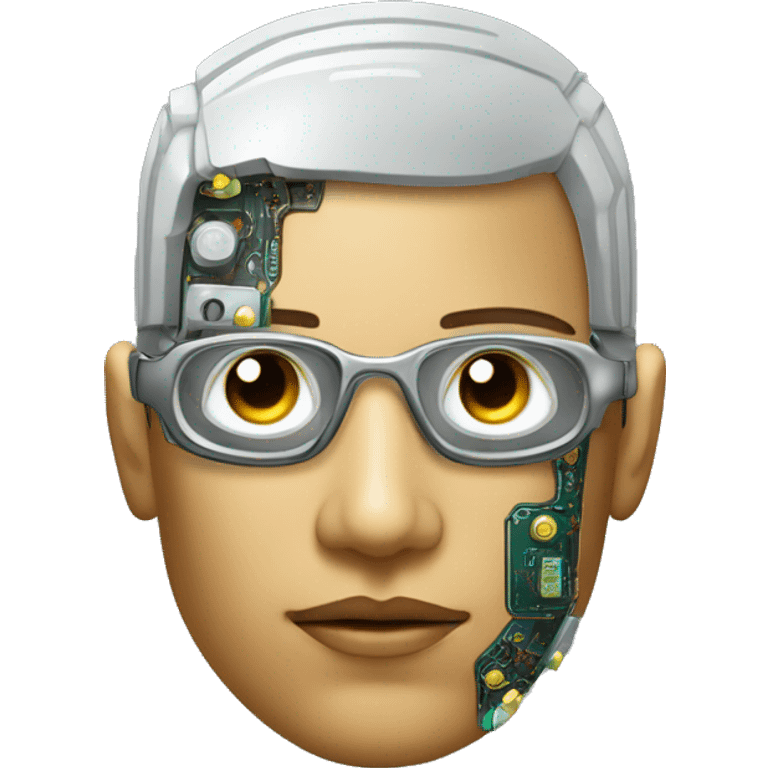 Male cyborg head with metallic skin, flat top, rectangular glasses and circuits emoji