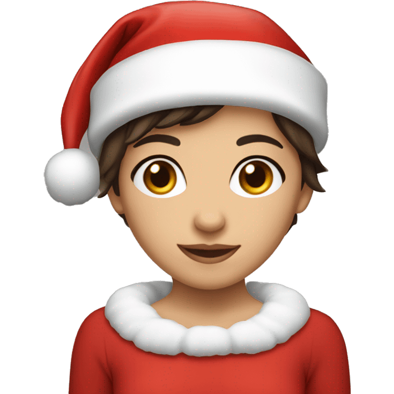 Brunette short hair girl with brown eyes and a Santa hat emoji