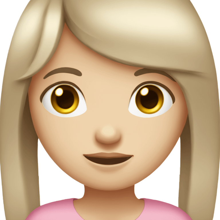 young girl with long straight brown hair with bangs, black eyes, pale skin, pink shirt emoji