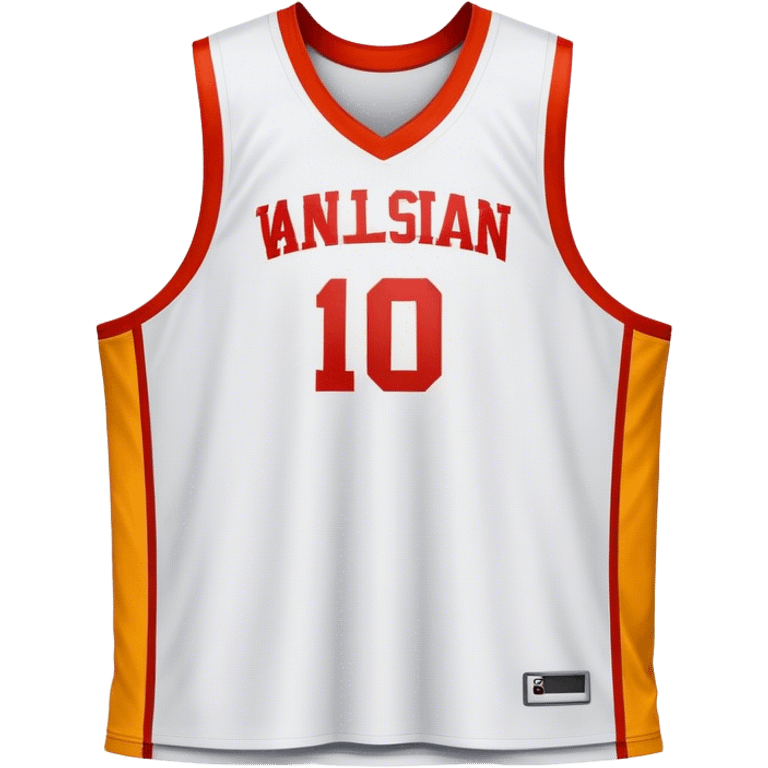 Cinematic Realistic image of a basketball jersey rendered in bold team colors with finely textured fabric and realistic creases, set against an energetic court backdrop with bright, dynamic lighting emoji