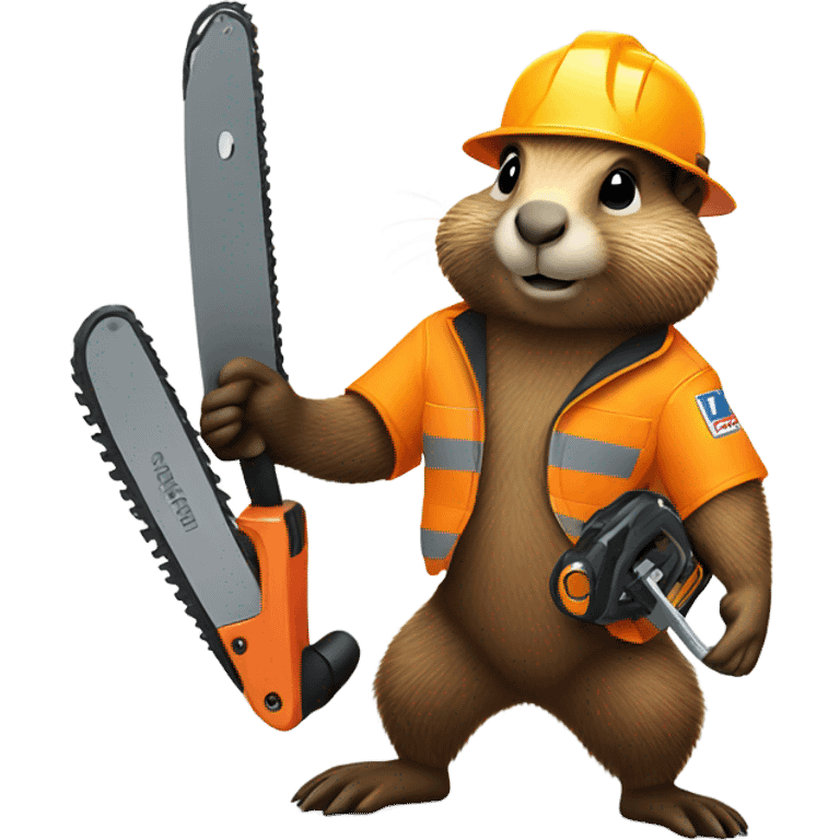 Woodchuck in climbing gear and hard hat holding a chainsaw  emoji