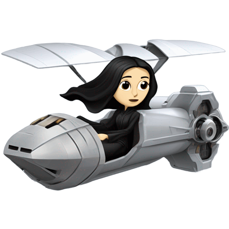 Jedi teen Morticia Addams flying a Jumpspeeder anti-gravity repulsorlift powered by an imperial speeder steampunk  emoji