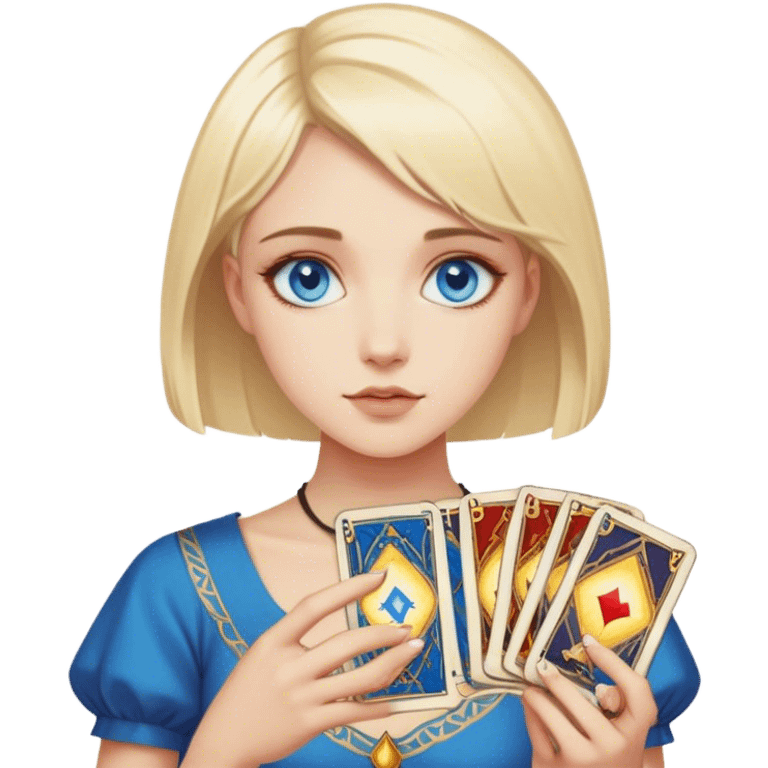 A blonde girl with blue eyes and short hair holds tarot cards emoji