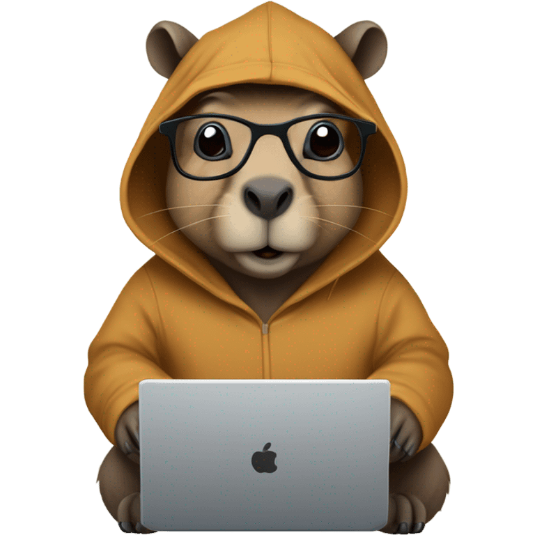 Nerdy cute capybara with its distinct large dark snout, big eyes, with glasses wearing a hoodie and coding on a laptop  emoji