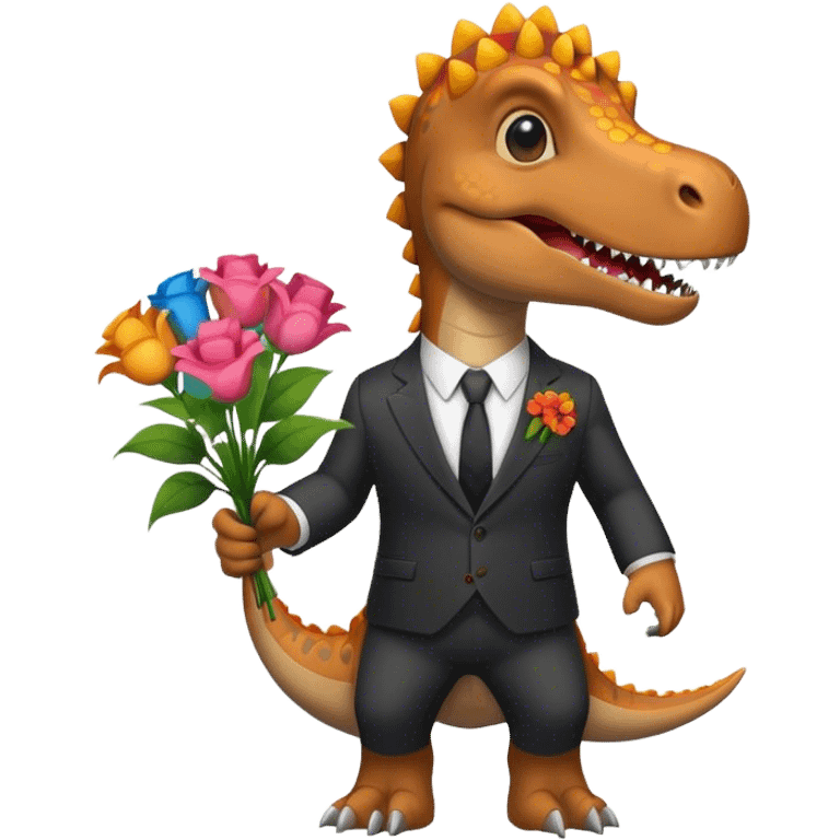 dinosaur in suit holding flowers emoji