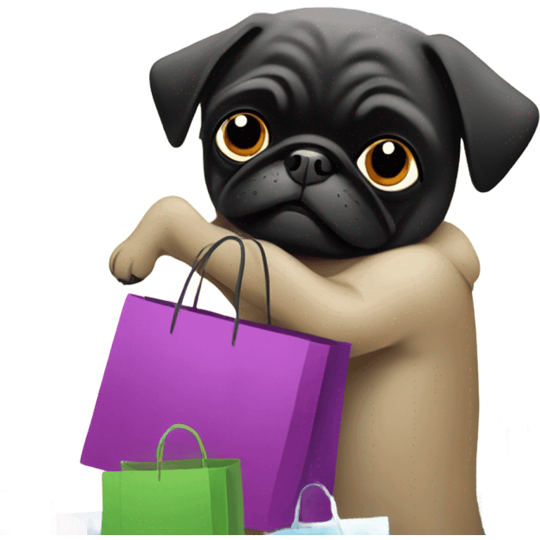 Black pug with many shopping bags emoji