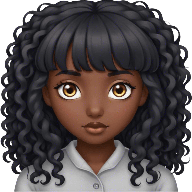 dark skin girl, with grey eyes, long curly black hair with bangs emoji