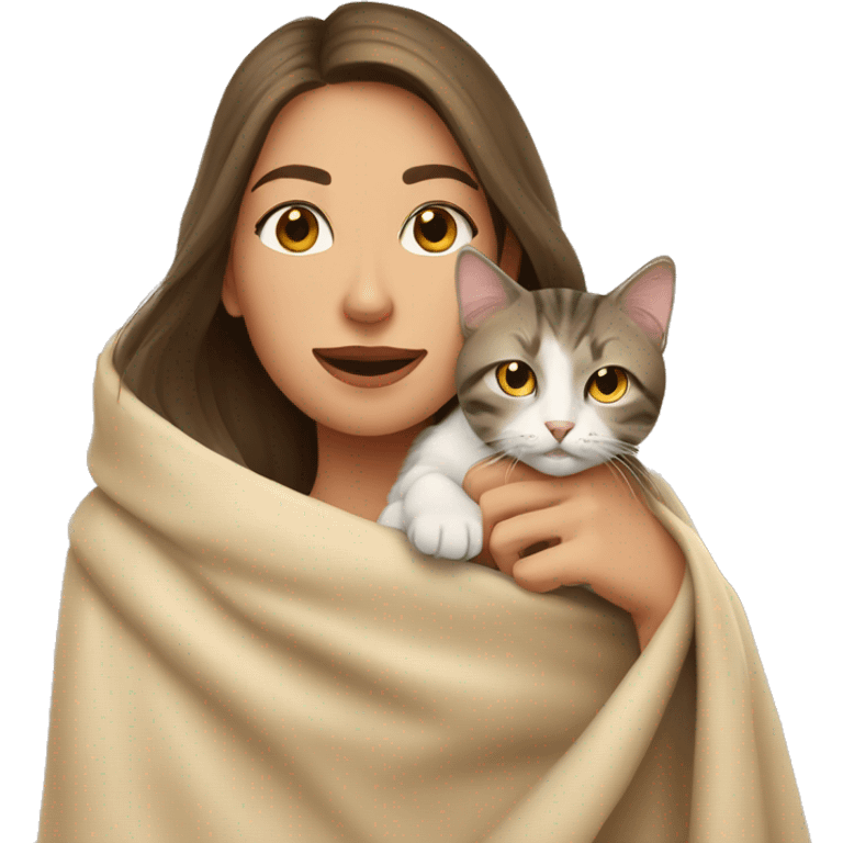 pretty woman petting cat in beige blanket emoji