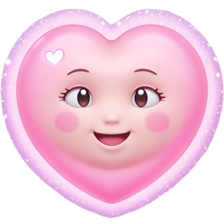 Cinematic floating soft heart, chubby round edges, pastel pink glow, tiny smiling face, surrounded by dreamy sparkles, gentle and loving. emoji