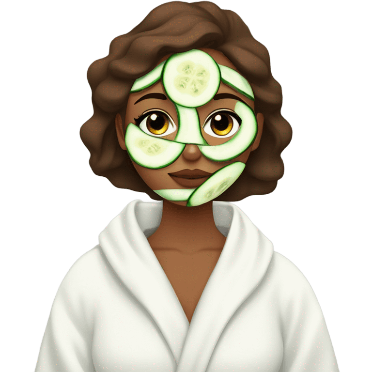 Girl with freackles Brown hair white skin and blue eyes wears Green colored texture skin care mask all over her face while She relaxes and puts two round piece of cucumber on her closed eyes In a white Robe emoji