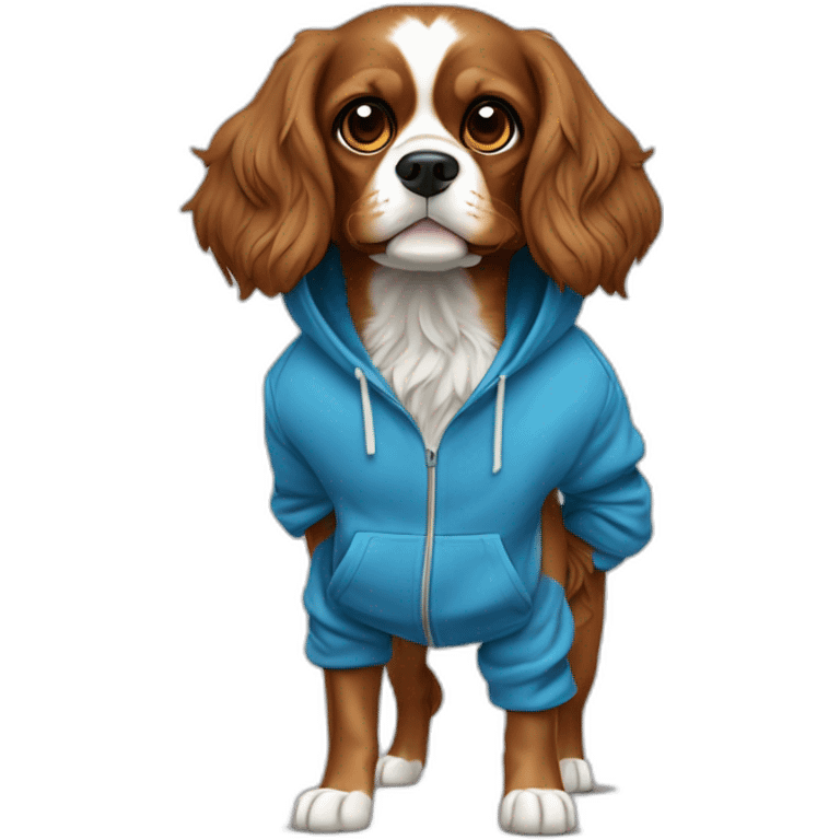 Fully Brown/golden, no white, cavalierk King Charles spaniel dog with blue hoodie on, over his head, happy, wagging tail, full body emoji