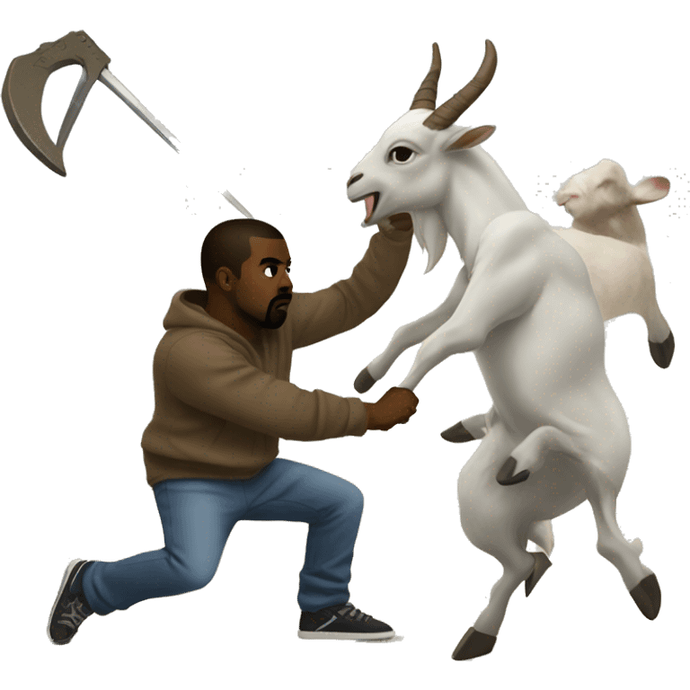 Kanye West fighting against a giant hybrid of goat and rake emoji