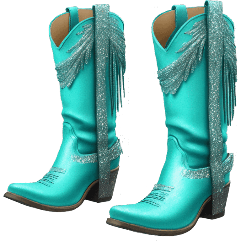 Realistic turquoise fashion cowgirl boots with sparkly shiny glitter fringe on them. emoji