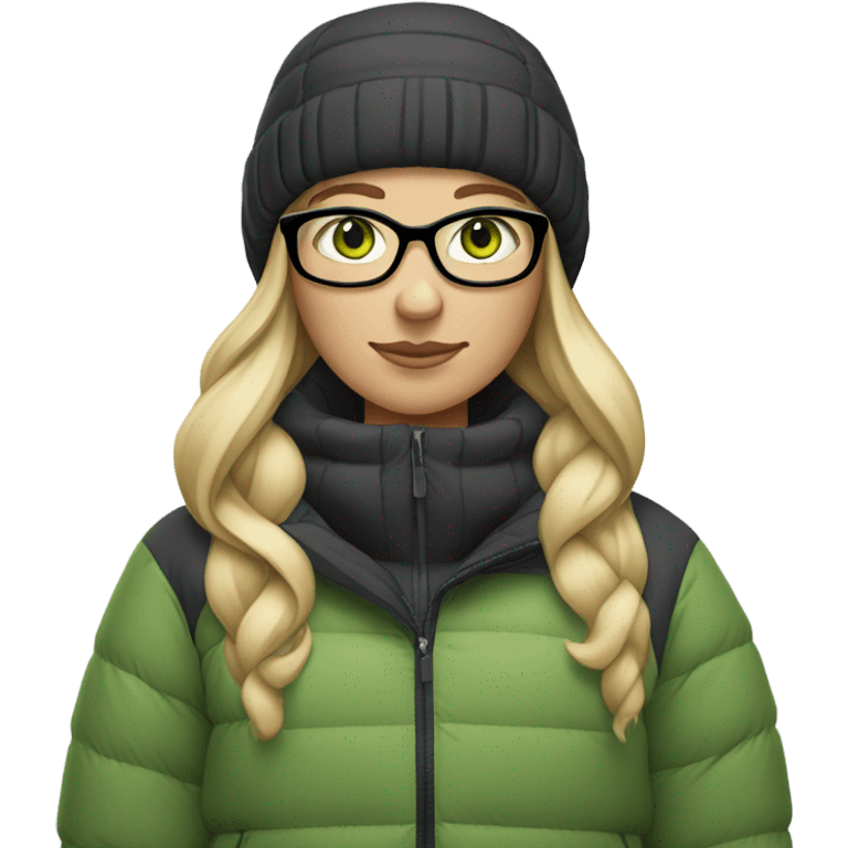 Green-eyed, fat female skier with long straight blonde hair, glasses, grey snow jacket, long black pants, black only snow boots standing tall. emoji