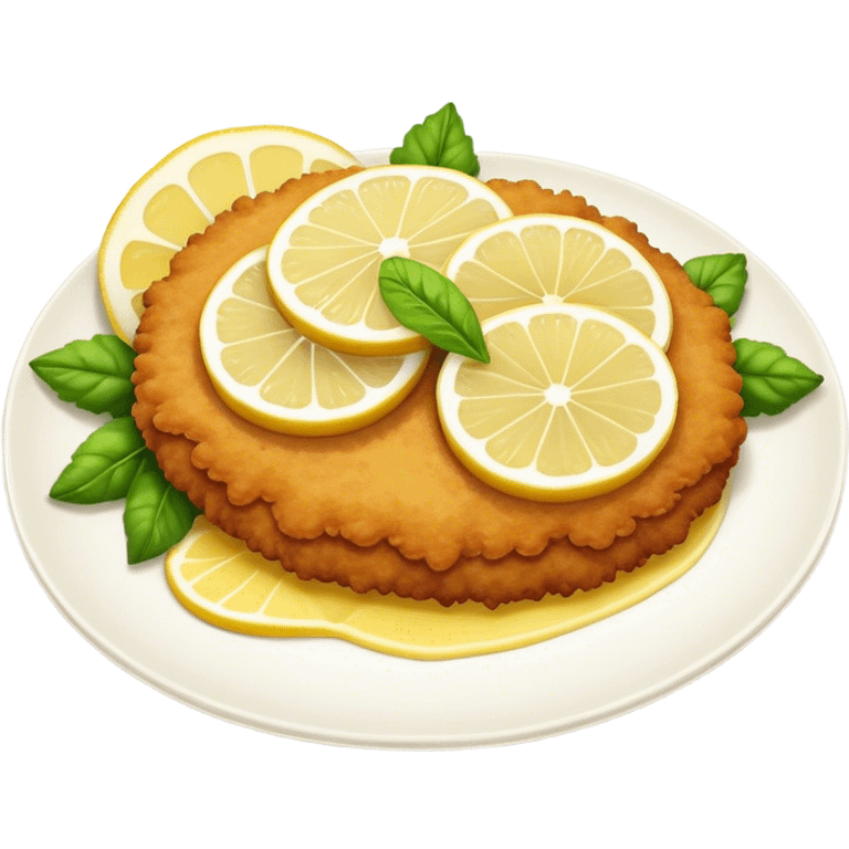 Cinematic Realistic Veal Schnitzel Dish Emoji, depicted as a golden, breaded veal cutlet served with lemon rendered with crisp textures and inviting, natural lighting. emoji