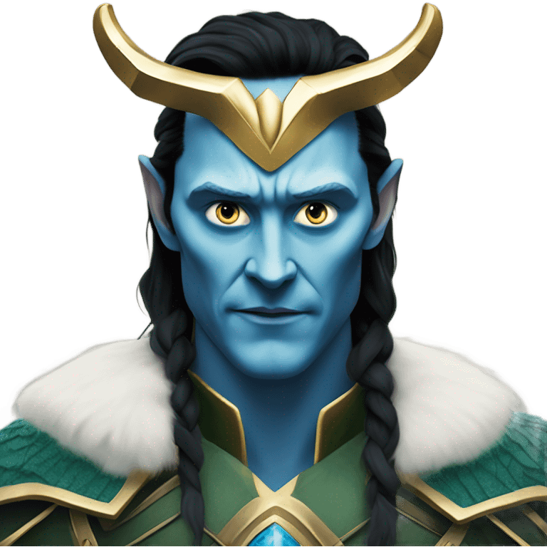 Loki from Thor dark World frost giant with tom Hiddlestons face, blue skin tone with not noticeable accient simbols,Gold crown horns, black mid hair emoji