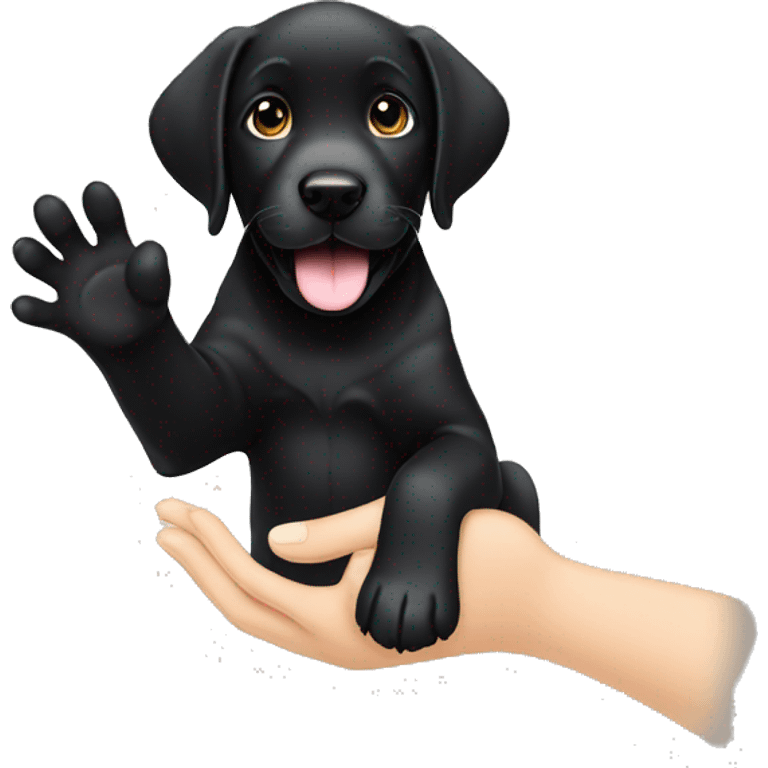 sitting black labrador puppy makes high five with one paw emoji