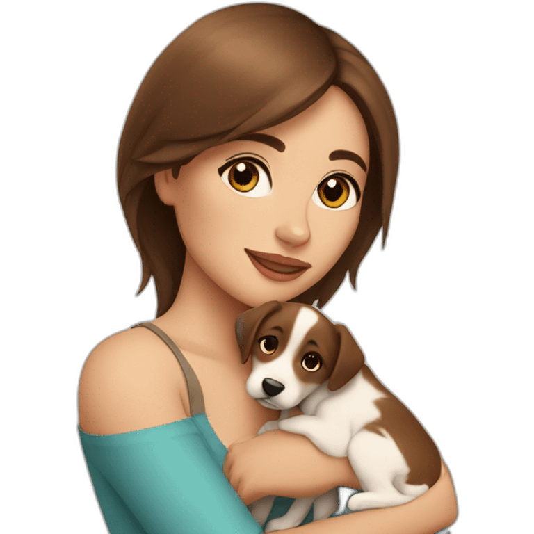 beautiful woman with brown straight hair and brown eyes hugs a puppy emoji