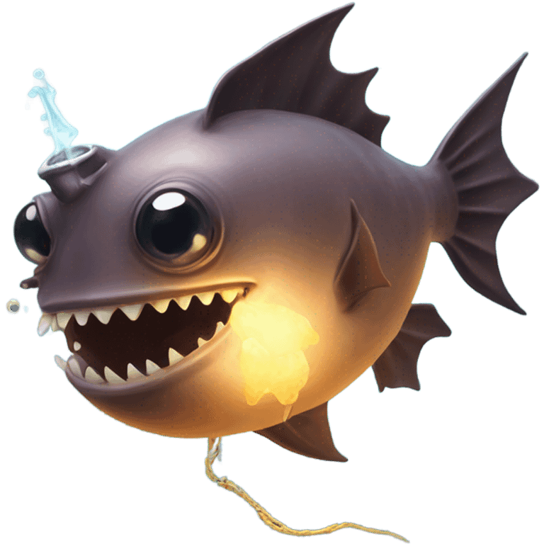 Anglerfish with a glowing lure hanging from its forehead, sharp teeth, and big eyes. emoji