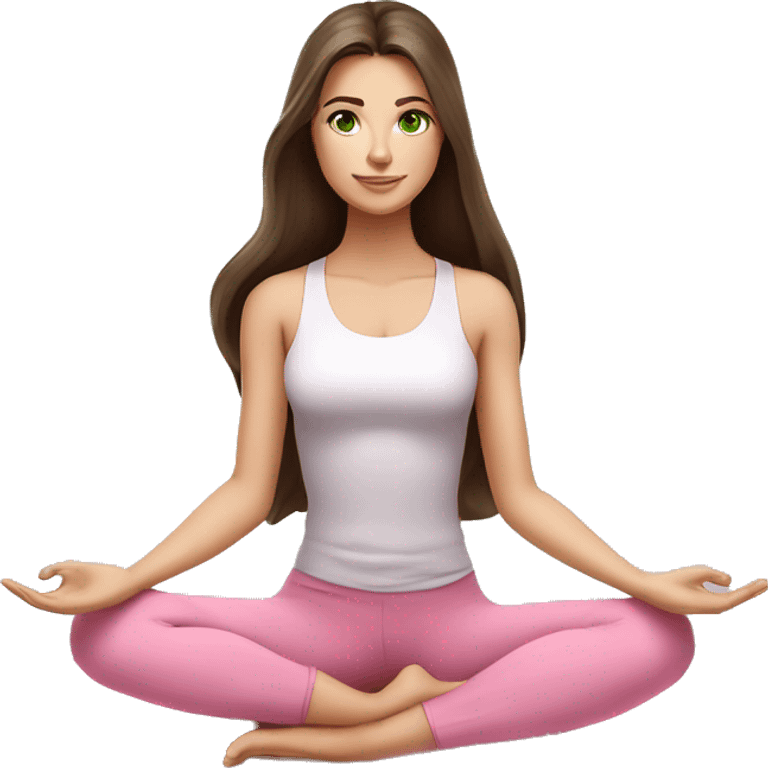 Brunette long hair and green eyes yoga beautiful girl in light pink pink pink clothes sitting on a yoga mat emoji