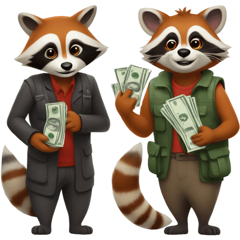 1 male raccoon and 1 female red panda in a bank each holding a bag of cash emoji