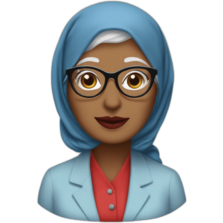 Hijabi white grandma with glasses and brown eyes wearing a blue suit and red lipstick emoji