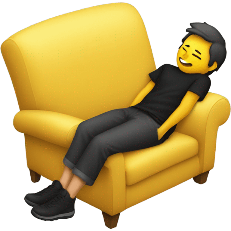 A person lying on a sofa, one leg crossed over the other, with hands behind the head, relaxing in a cozy setting, yellow emoji color skin, black t-shirt emoji