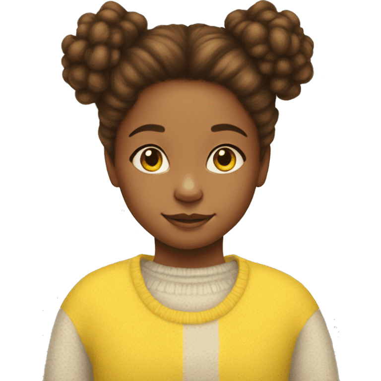 10 year old girl with brown fluffy hair in buns with a yellow yellow kitty jumper emoji