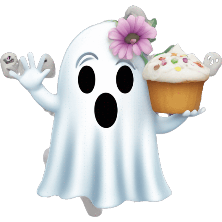 Ghost eating a muffin with flowers in its head emoji