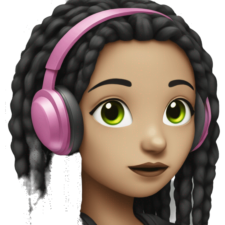 Gothic girl with green eyes, black dreadlocks, pink headphones emoji