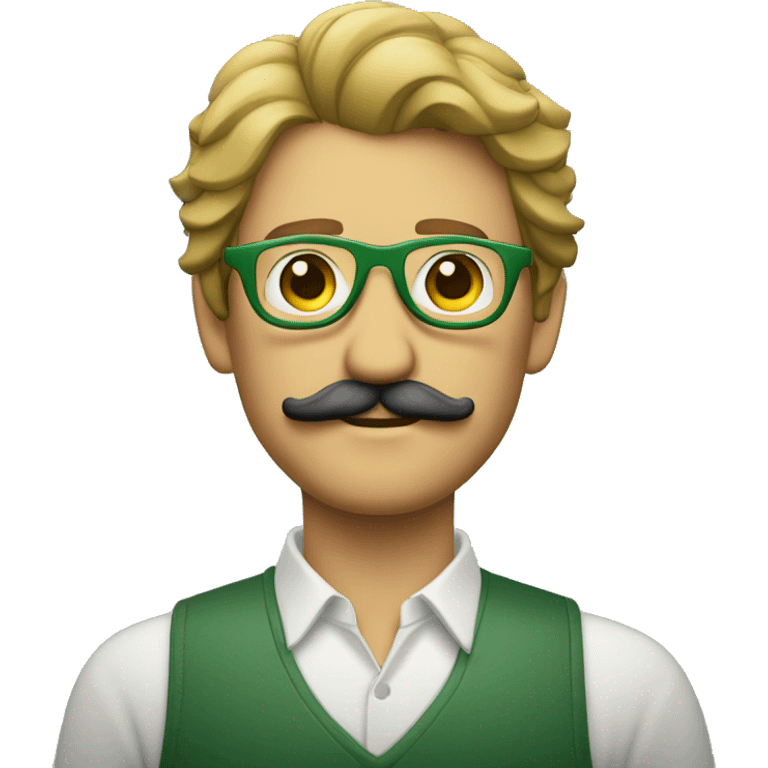 Hombre con bigote, con el pelo verde y unos lentes emoji