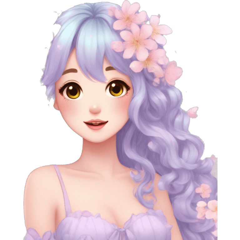 Gorgeous Pastel Anime-Style Lady with beautiful hair flower petals cottagecore fairycore pastelcore kawaii aesthetic trending style emoji