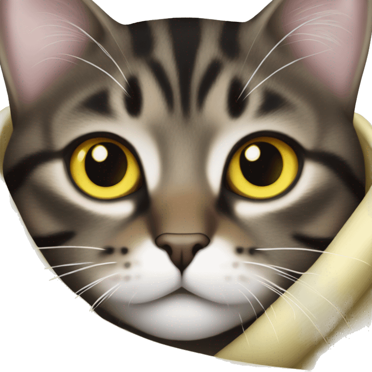 black brown tabby cat with white nose and white chest with yellow eyes in a blanket emoji