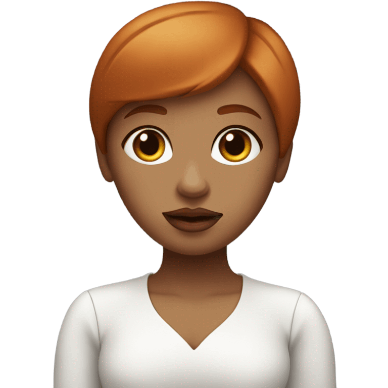 girl with straight short red hair, big lips, big eyes, calm face, in white decolletag e works on macbook emoji