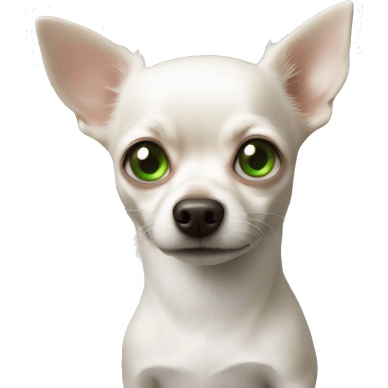 A white chihuahua in the arms of a guy with green eyes emoji