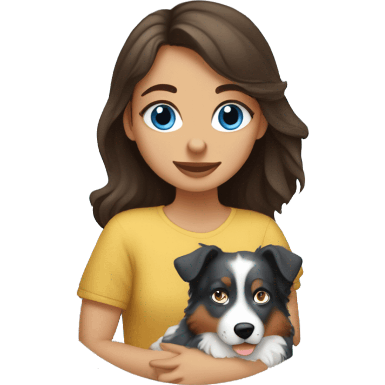 Brunette blue blue-eyed girl hugging Tricolored Australian Shepherd emoji